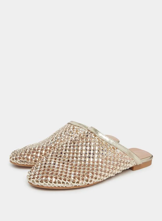 Styli Gold Embellished Pointed Toe Mules